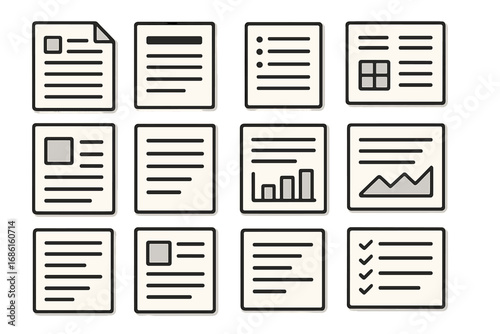 Various styles of simple documents arranged in a grid pattern, showcasing diverse document formats, clean background, vector cartoon illustration, transparent design elements