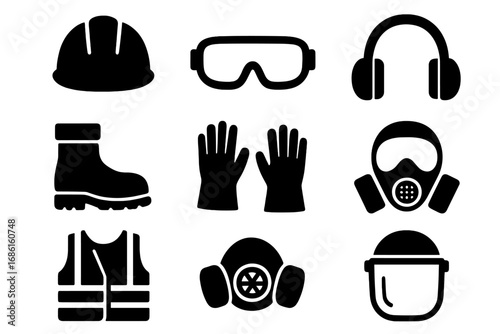 Safety Equipment Icon Set, Essential Protective Gear Silhouettes, Work Safety Vector Collection, Protective Helmet, Gloves, Mask, Boots, Goggles, Vest, Ear Protection