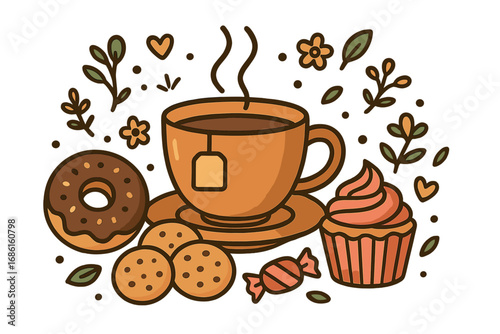 Cozy vector flat illustration of tea cup, sweets, cookies, cupcake, donut with decorative flowers and leaves for cafe ambiance, warm beverage break, cozy tea time scene
