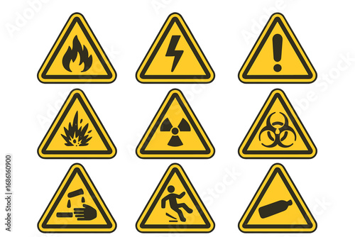 Warning symbols and safety alert signs collection for hazardous situations, fire, electricity, explosion, radiation, biohazard, corrosion, slip risks, compressed gas, organized vector cartoon set