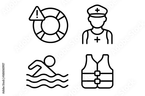Water sports safety outline icon set including emergency alert, lifeguard, swimming symbol, and life vest linear icons; vector cartoon illustration with transparent background, ordered set 2