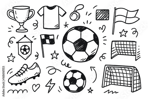 Hand drawn soccer elements set. Doodle football icons and symbols. Vector cartoon illustration collection with ball, goal, trophy cup, medal, cleat, and jersey for sport design.