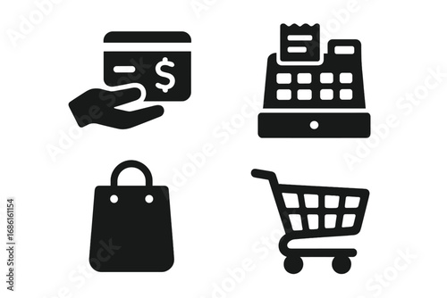 Shopping and retail solid icon set with transaction, checkout, bag, and cart symbols collection. Vector cartoon illustration with transparent background, ordered set of ecommerce icons