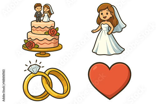 Wedding celebration elements set including bride in gown, groom cake topper, golden rings with diamond, and red heart symbol, joyful romantic vector cartoon illustration