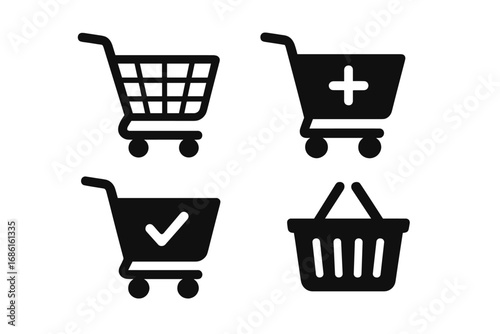 Shopping cart silhouette icon set for ecommerce, purchase, and online buy concepts, vector cartoon illustration with transparent background, ordered set of 4 shopping and basket icons