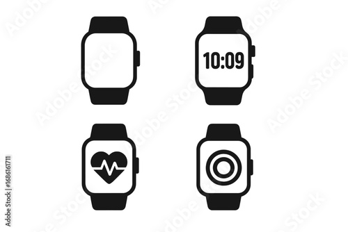Smartwatch Silhouette Icon Set, Wearable Technology, Digital Watch Icons Collection, Vector Cartoon Illustration with Transparent Background, Ordered Set 2