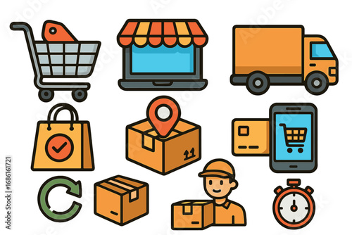 E-commerce icon set for online shopping and delivery service. Vector concepts for logistics, shipping, tracking, mobile payment, and returns. Cartoon store and courier.