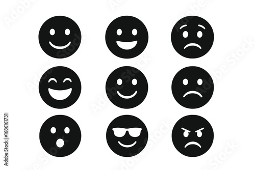 Smiley emoticons silhouette icon set, expressive face icons collection, black vector cartoon emotions including happy, sad, angry, surprised, cool expressions with transparent background, ordered set