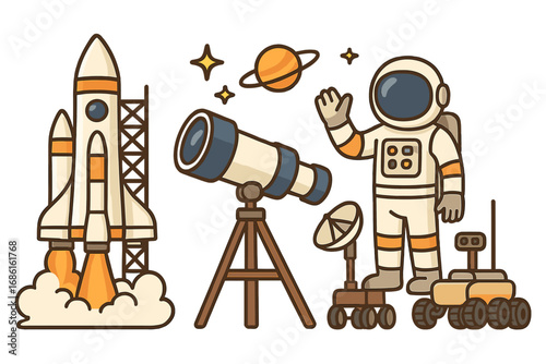 Exploration of Space with Rockets, Telescopes, Astronauts, and Rovers Showcasing Human Ingenuity, Curiosity, and Space Technology in a Cartoon Vector Illustration
