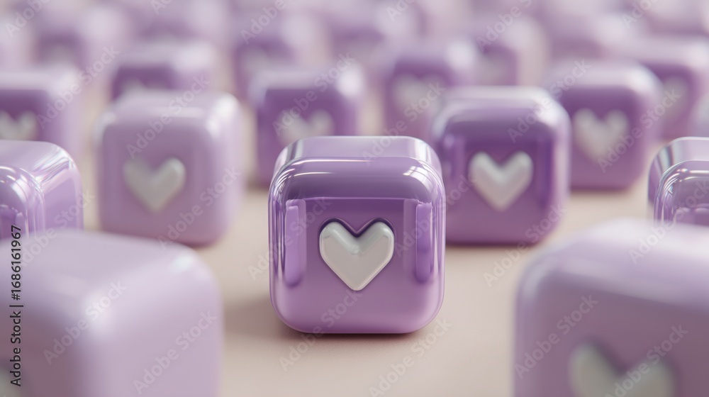 Fototapeta premium Heart symbol positioned amongst a row of purple cubes representing emotion and connection in a modern context