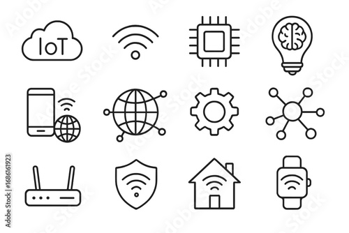 IoT outline icon set. Internet of Things technology, network, data, and innovation concepts. Vector linear collection of smart home, AI, cloud, and wireless symbols.