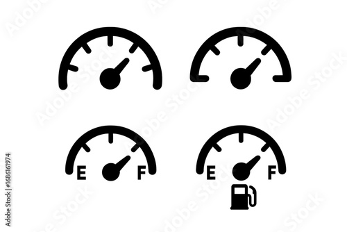 Speedometer and Fuel Gauge Solid Icon Set, Vehicle Dashboard Symbols Collection, Black Vector Cartoon Illustrations with Transparent Background, Ordered Set 2, Car Instrument Cluster Icons
