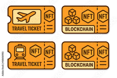NFT travel ticket concept. Digital boarding pass using blockchain technology. Secure e-ticket for airplane and train. Crypto token for transportation. Vector icon illustration.