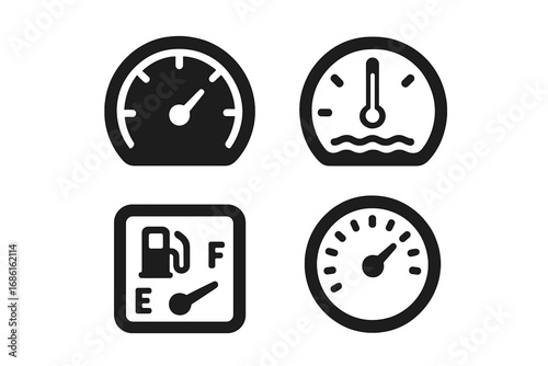 Speedometer and gauge solid icon set, automotive dashboard symbols, metric car indicators collection, vector cartoon illustration with transparent background, vehicle control panel icons set