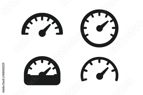 Speedometer and Gauge Silhouette Icon Set, Dashboard Performance Symbols Collection, Vector Cartoon Illustrations, Vehicle Speed Measurement, Transparent Background, Set of 4