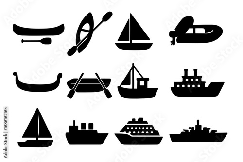 Transportation nautical silhouette icon set, boats and ships vector collection, black boat shapes and marine vehicle illustrations, watercraft icons on transparent background