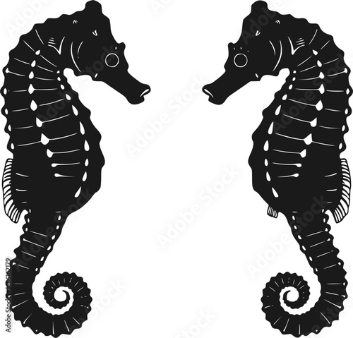 Two detailed black seahorse silhouettes facing opposite directions against a crisp white background showcasing their unique aquatic forms and elegant curves silhouette