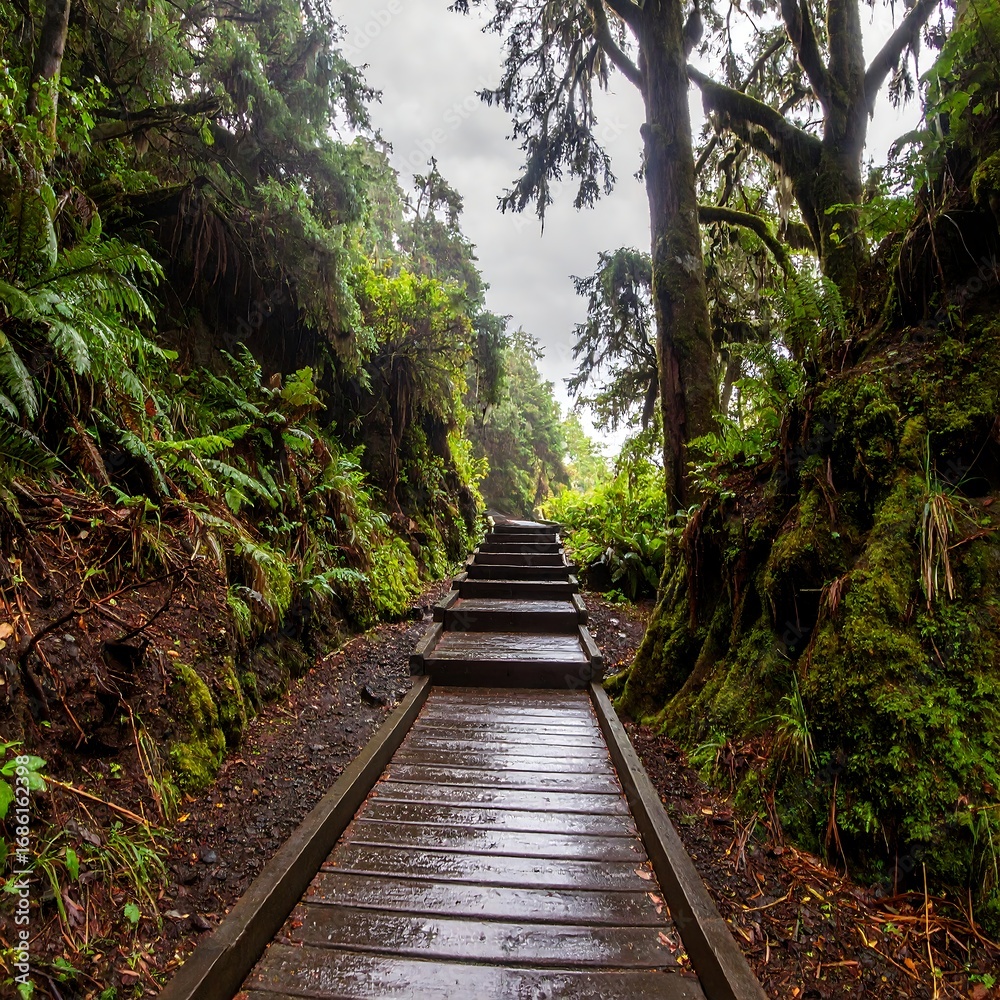 Fototapeta premium Wooden boardwalk steps ascend through a lush, mossy forest