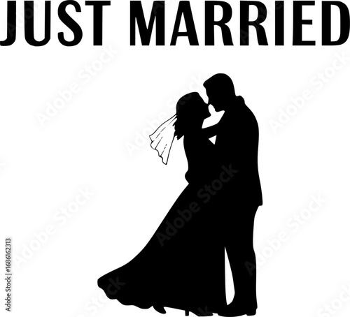 Just married. Lettering phrase on white background. Design element for greeting card, t shirt, poster. Vector illustration
