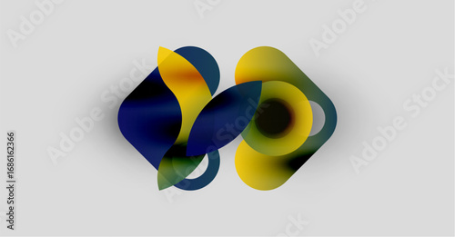 Abstract shapes overlap, creating fluid forms. Yellows, blues blend softly on light gray background. Modern design, dynamic composition.