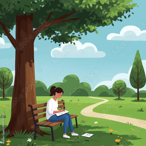 A woman sketches peacefully on a bench in a vibrant park setting.