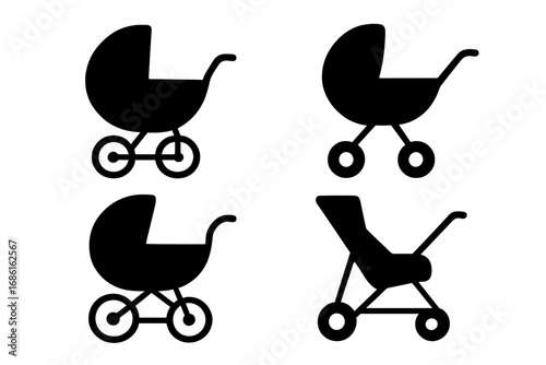 Set of minimalist baby carriage and stroller silhouettes. Vector icon collection for newborn, infant, and childhood concepts. Pushchair, pram, and buggy graphics for design.