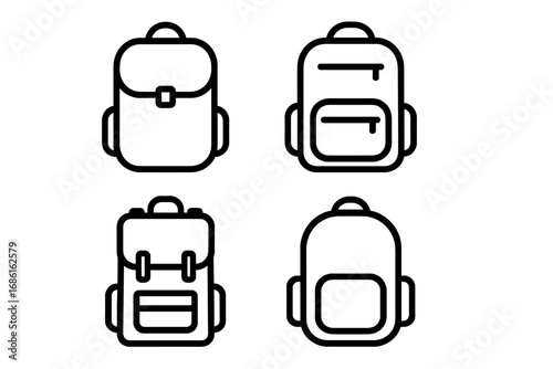 Backpack icon set. Minimalist line art vector illustration of school bags, travel rucksacks, and hiking packs. Simple black outline symbols for web design and adventure concept.