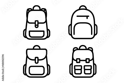 Backpack line icon set. Minimalist rucksack and school bag vector illustration. Travel, hiking, and education symbols. Simple outline graphic design element collection.
