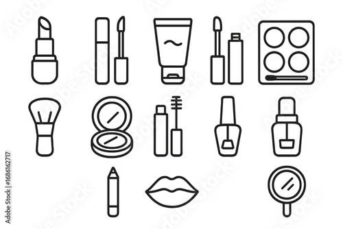 Makeup essentials line icon set. Beauty, cosmetics, and skincare products vector collection. Lipstick, mascara, eyeshadow, nail polish, and foundation in a linear style.