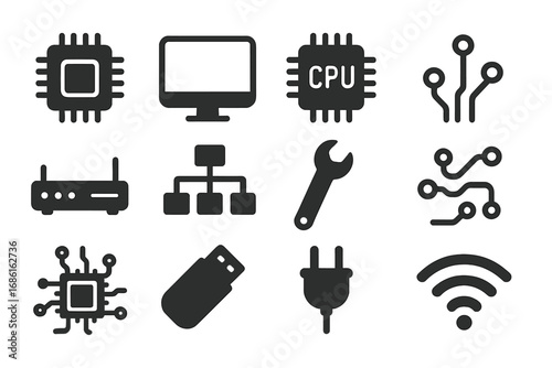 Technology and Circuit Solid Icon Set Including Electronics, CPU, Microchip, Network, USB, Power, and WiFi Symbols, Vector Cartoon Illustrations with Transparent Background