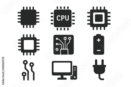 Technology and Circuit Solid Icon Set with CPU, Microchip, Electronics Graphics, Vector Cartoon Illustration with Transparent Background, Organized Icon Collection