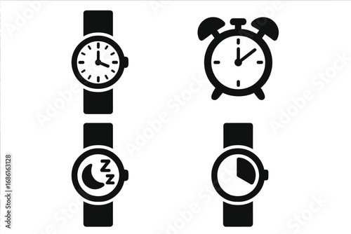 Watch silhouette icon set, time alarm sleep timer icons in modern vector style, black wristwatch and clock alarm clock, minimalist cartoon illustration on transparent background, ordered set 3