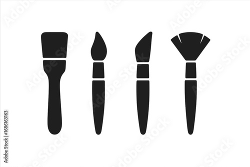 Paint brush icon set. Black silhouette vector symbols for creative design. Artist tools for painting and drawing. Minimalist graphic elements. Cosmetic makeup brush collection.
