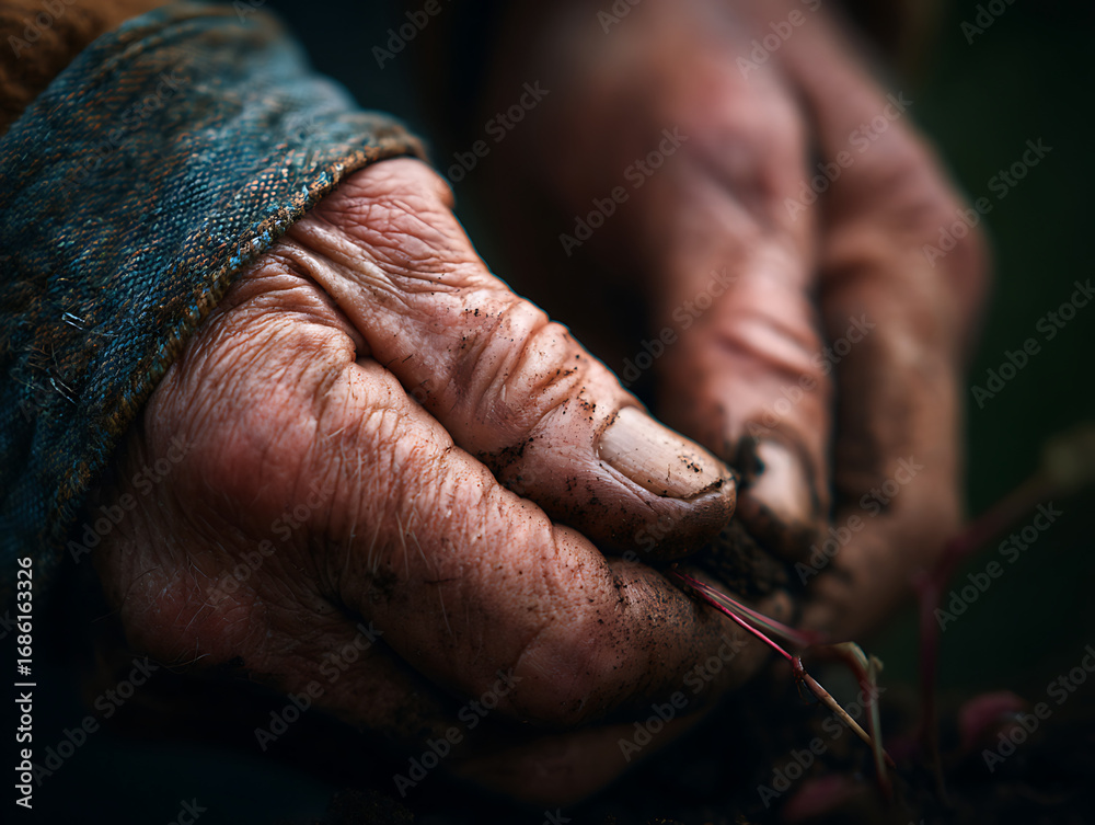 Fototapeta premium Hands of an experienced gardener planting seedlings in rich soil during the early morning in a vibrant garden