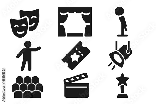 Theater and Performance Solid Icon Set, Drama and Entertainment Symbols in Solid Style, Vector Cartoon Illustration with Transparent Background, Stage, Acting, Audience, Ticket, Spotlight, Award
