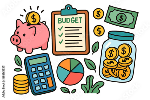 Financial tools for saving and budgeting illustration with piggy bank, coins, calculator, budget checklist, cash, and pie chart in vibrant cartoon vector style
