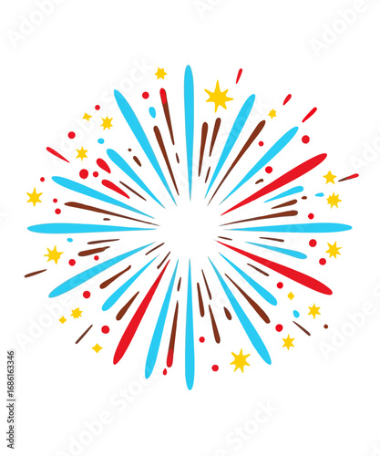 Colorful abstract burst of light and stars with red blue and brown streaks isolated on transparent background