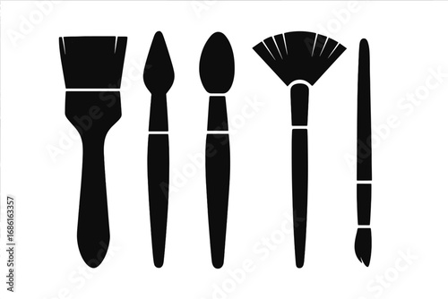 Set of black silhouette paint brushes and makeup artist tools. Minimalist vector icons for art, cosmetics, and beauty. Fan, flat, and round brush shapes isolated.