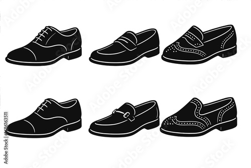 Classic men's dress shoes icon set. Vector collection of black silhouette footwear. Formal elegant fashion. Includes oxford, loafer, and brogue styles. Isolated illustration.