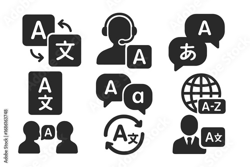 Translation and Language Icons Solid Set, Communication and Interpreter Vector Collection, Cartoon Style with Transparent Background, Organized Design for Multilingual Concepts
