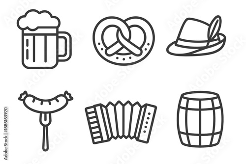 Oktoberfest linear icons set. German beer festival vector symbols. Beer mug, pretzel, sausage, Bavarian hat, accordion, barrel. Traditional food and culture of Germany graphics.