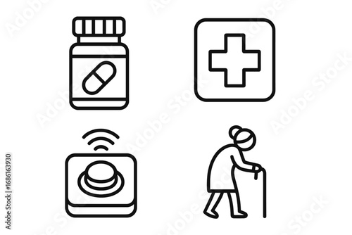 Elderly care outline icon set. Senior assistance, medication, medical cross, emergency alert button. Vector symbols for nursing home, retirement, health support, and safety.