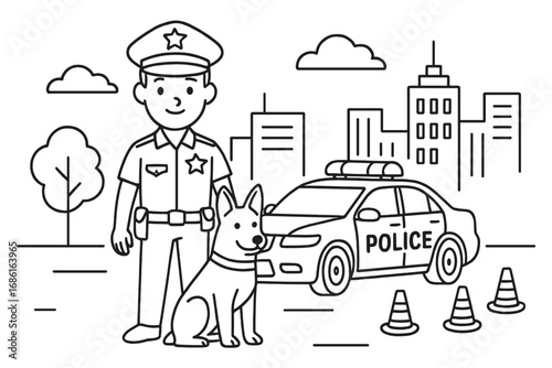 Police officer with K9 dog partner line art illustration. Policeman character, police car and cityscape background. Law enforcement, security and public service concept vector.