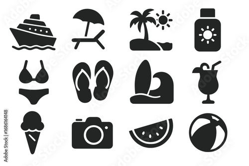 Summer beach solid icon set, cruise and relaxation vacation illustrations collection, tropical holiday vector cartoon icons with transparent background, ordered set