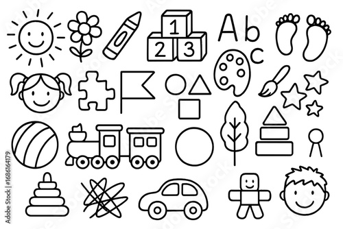 Preschool doodle set with learning & play elements. Black and white outline icons for kindergarten & education. Vector cartoon drawings of toys, train, car, letters, numbers.