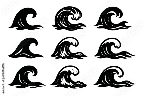Set of Wave Silhouette Icons, Ocean and Sea Surfing Vector Graphics, Black and White Transparent Background, Coastal Water Splash Designs, Ocean Wave Illustrations