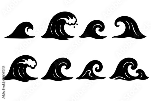 Set of Black and White Wave Silhouette Icons, Ocean and Sea Surfing Graphics, Vector Cartoon Illustrations with Transparent Background, Ocean Waves Collection, Surf Design Elements