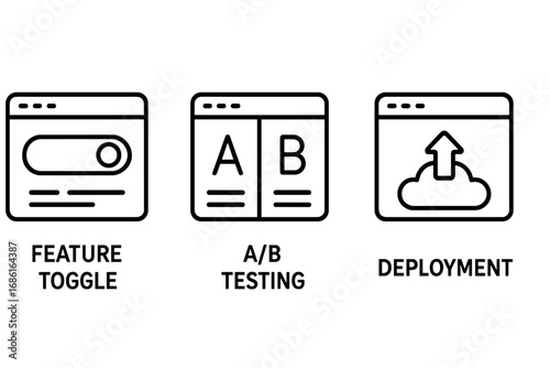 Software development line icon set. Feature toggle, A/B testing, and deployment concepts. Vector icons for UI, UX, app design. Feature flag, split test, cloud upload symbols.