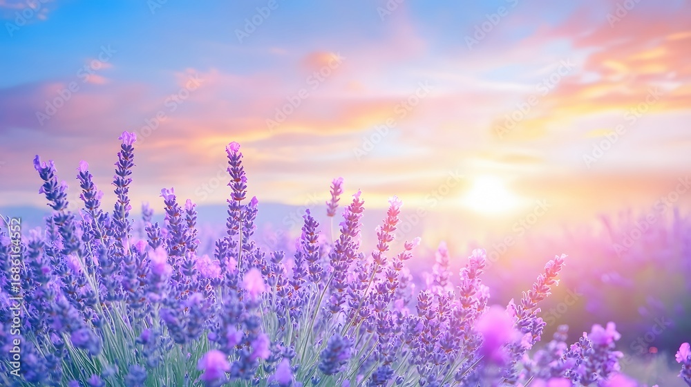 Obraz premium Sunrise over a vast lavender field in bloom