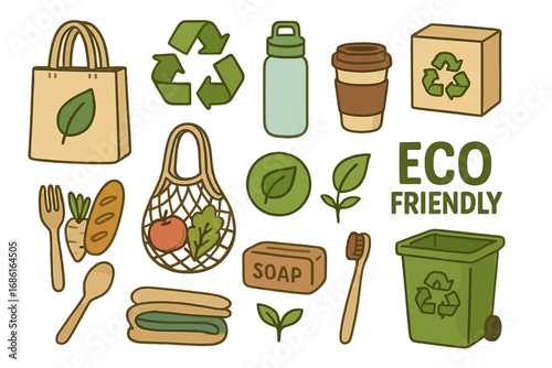 Eco-friendly lifestyle illustration with reusable bags, recycling symbols, sustainable products, natural elements and zero waste living concept, vector cartoon set